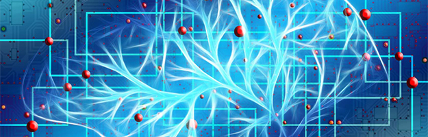 Image of a neural network in the brain with a blue background of a digital network